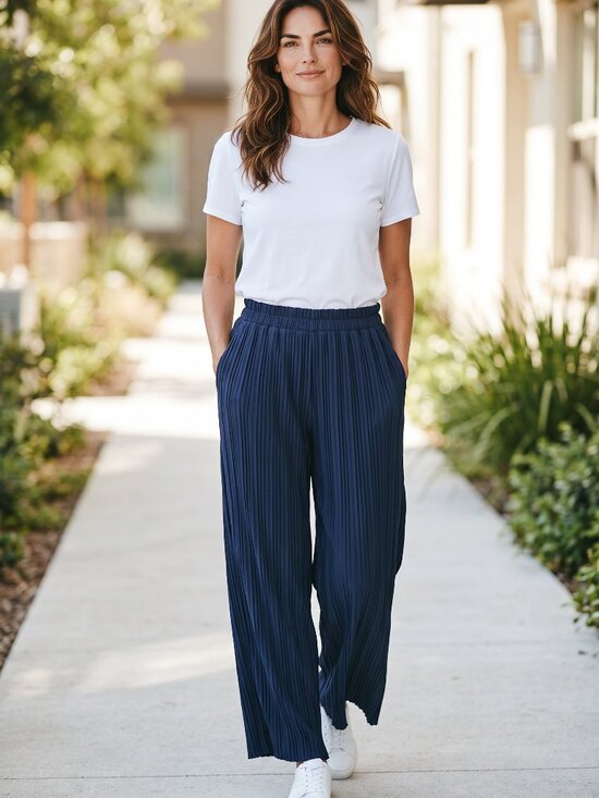Pants - RD + Koko Blue Solid Dress Pants Pleated Pull-On Elastic Waist Women’s M Poly